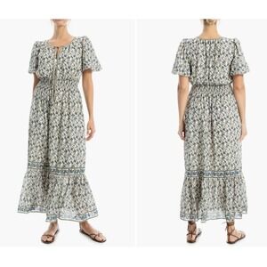 Max Studio Floral Maxi Dress Womens XL Blue Ruffled Smocked Tiered Prairie Boho